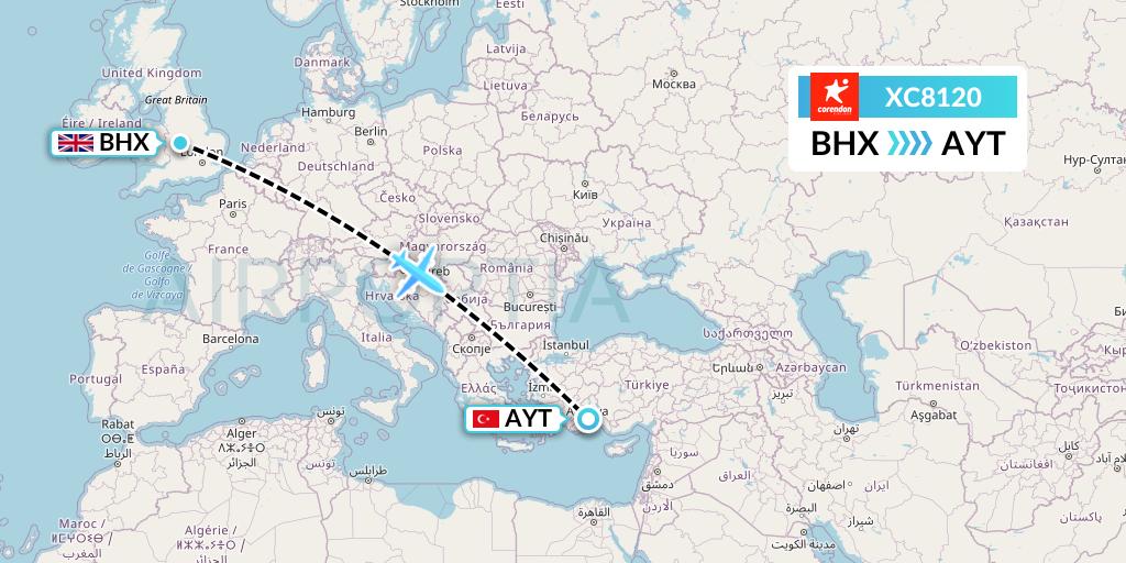 XC8120 Corendon Airlines Flight Map: Birmingham to Antalya
