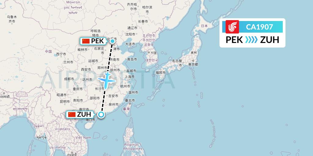 CA1907 Air China Flight Map: Beijing to Zhuhai