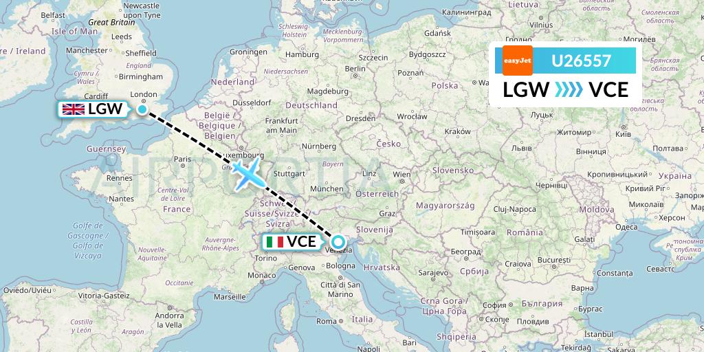 U26557 EasyJet Flight Map: London to Venice