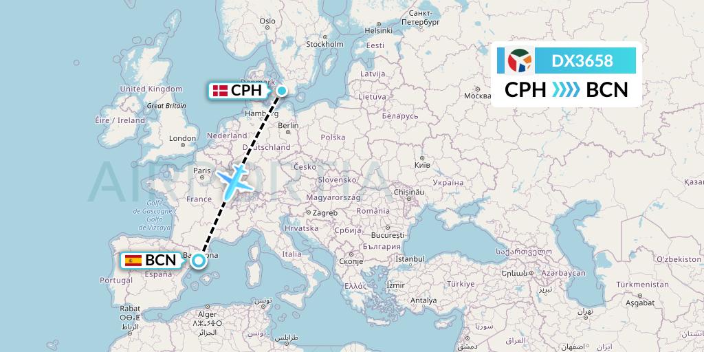 DX3658 Danish Air Transport Flight Map: Copenhagen to Barcelona