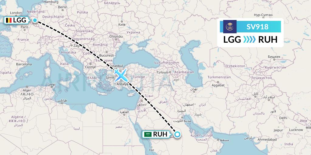 SV918 Saudi Arabian Airlines Flight Map: Liege to Riyadh