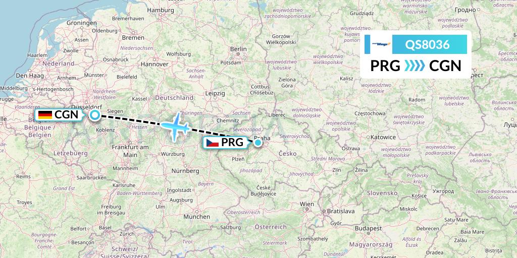 QS8036 Smartwings Flight Map: Prague to Cologne