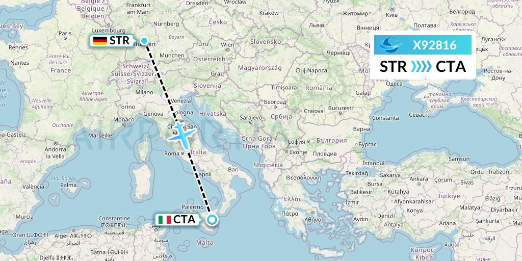 X92816 Avion Express Flight Map: Stuttgart to Catania