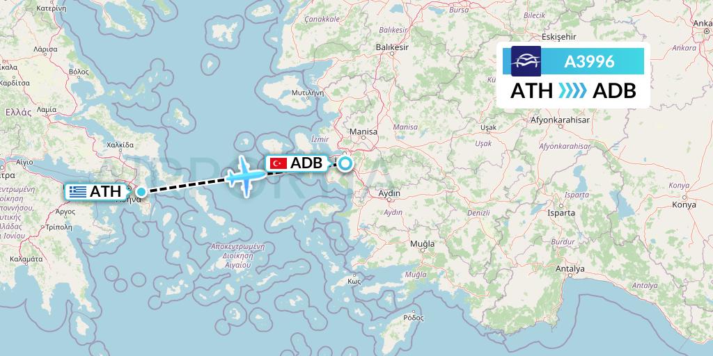 A3996 Aegean Airlines Flight Map: Athens to Izmir