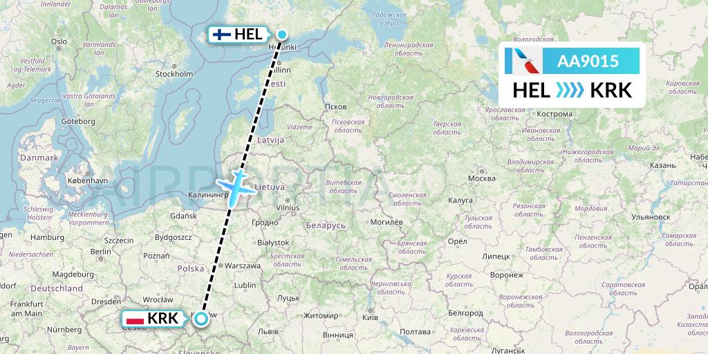 AA9015 American Airlines Flight Map: Helsinki to Krakow
