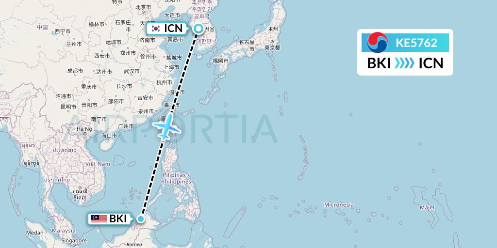 KE5762 Korean Air Flight Map: Kota Kinabalu to Seoul