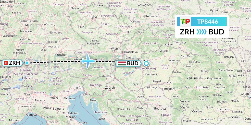 TP8446 TAP Portugal Flight Map: Zurich to Budapest