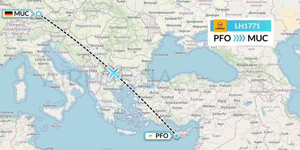 LH1771 Lufthansa Flight Map: Pafos to Munich