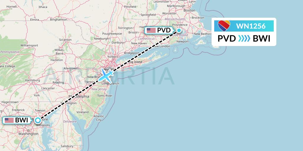 WN1256 Southwest Airlines Flight Map: Providence to Baltimore