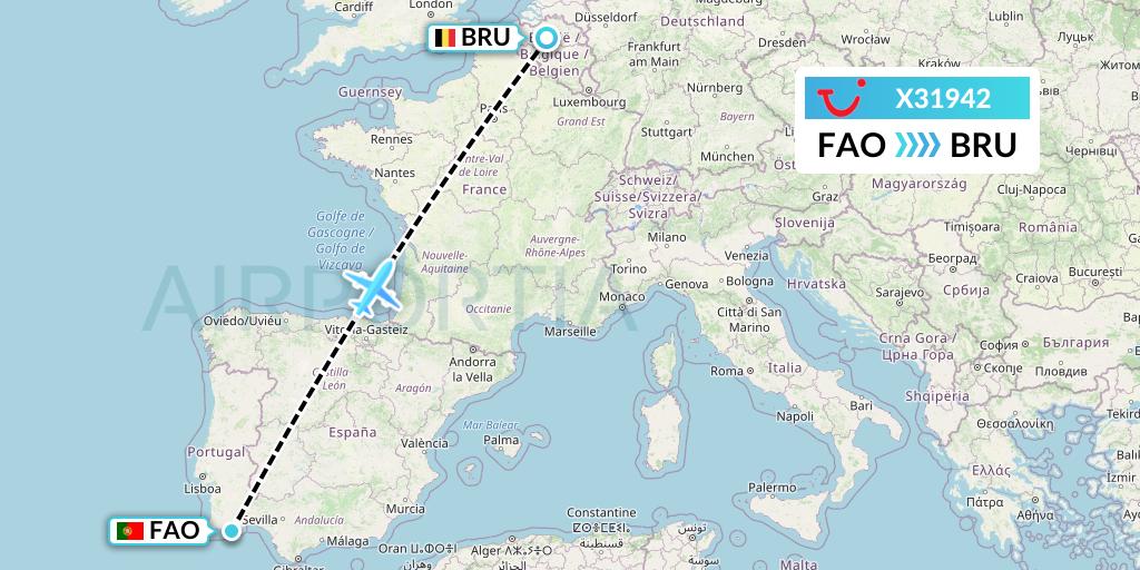 X31942 TUI fly Germany Flight Map: Faro to Brussels