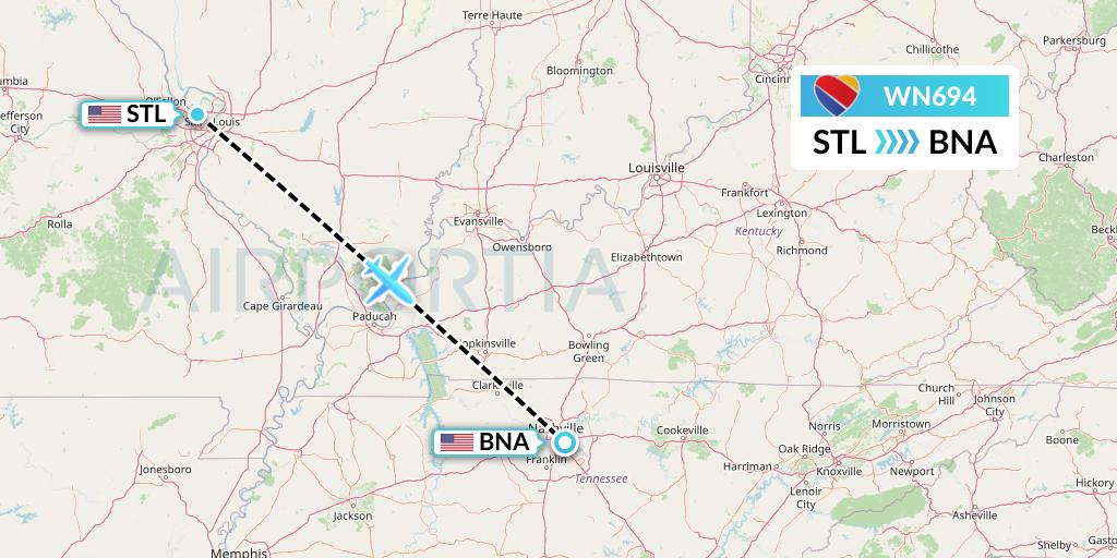WN694 Southwest Airlines Flight Map: St. Louis to Nashville