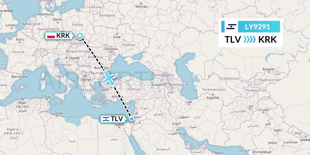 LY9291 El Al Flight Map: Tel Aviv to Krakow