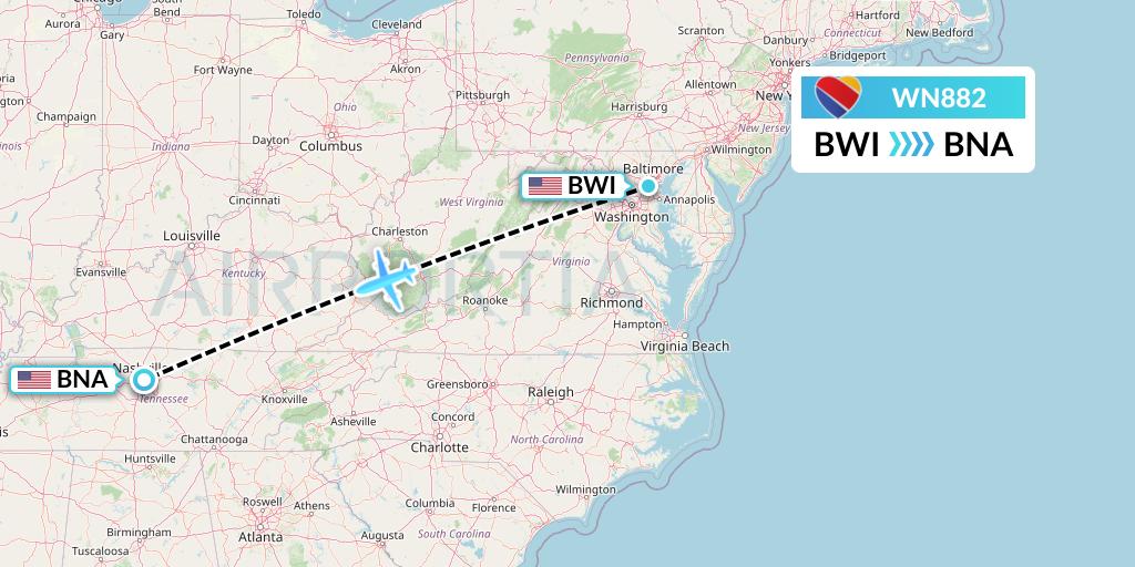 WN882 Southwest Airlines Flight Map: Baltimore to Nashville