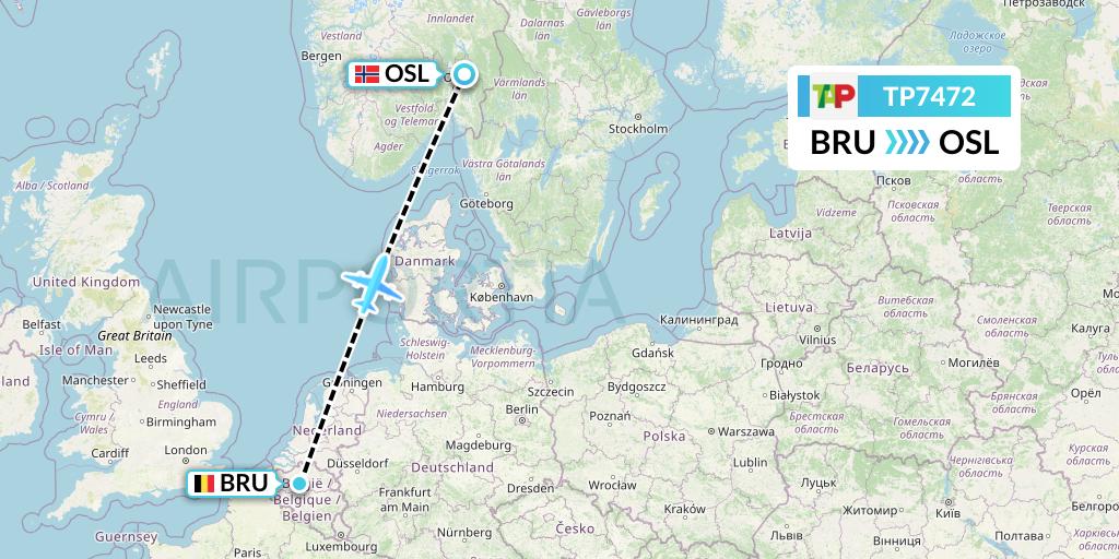 TP7472 TAP Portugal Flight Map: Brussels to Oslo