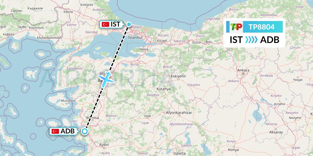 TP8804 TAP Portugal Flight Map: Istanbul to Izmir