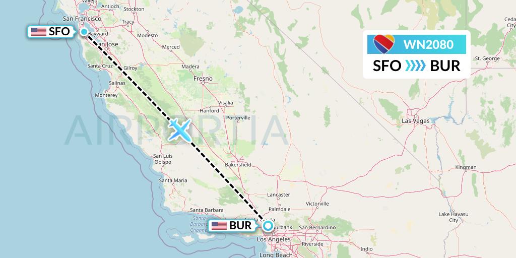 WN2080 Southwest Airlines Flight Map: San Francisco to Burbank