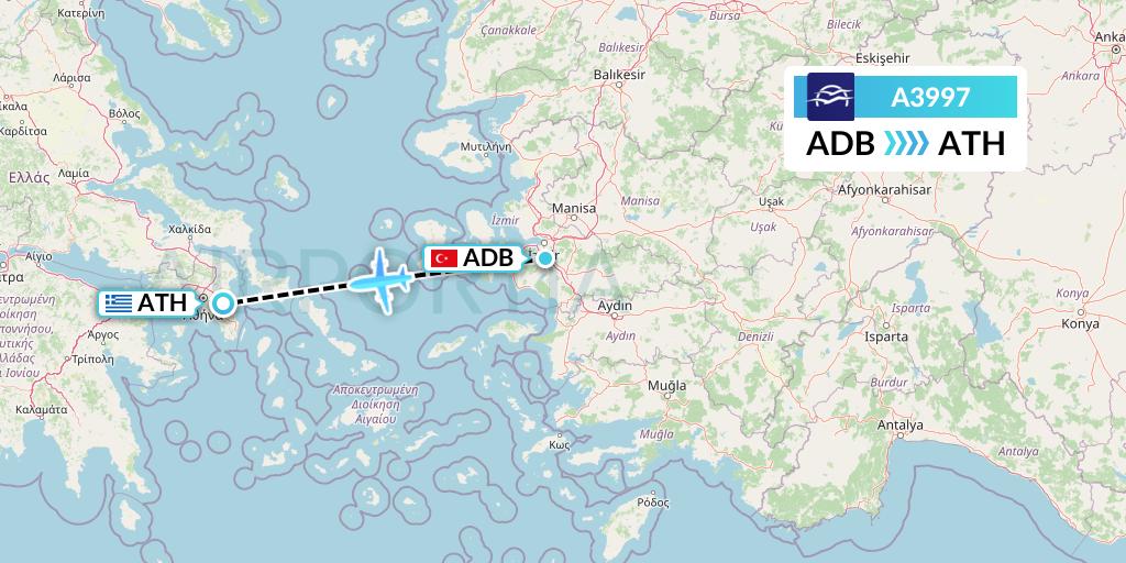 A3997 Aegean Airlines Flight Map: Izmir to Athens