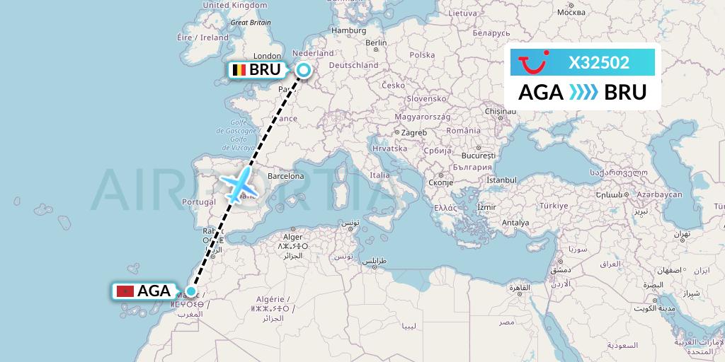 X32502 TUI fly Germany Flight Map: Agadir to Brussels