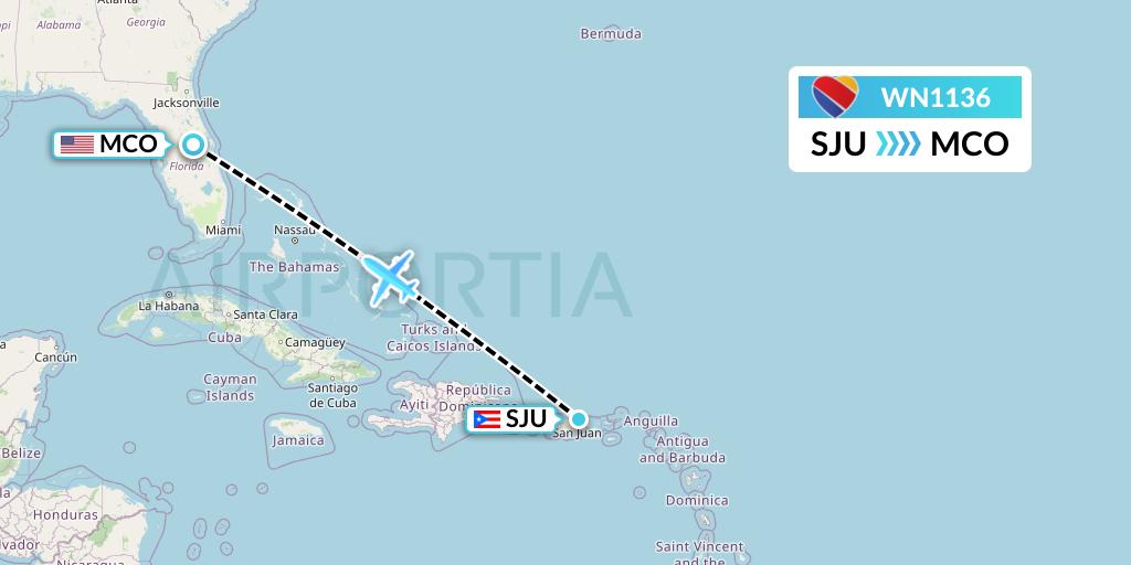 WN1136 Southwest Airlines Flight Map: San Juan to Orlando