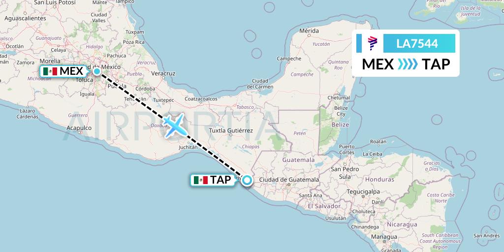 LA7544 LAN Airlines Flight Map: Mexico City to Tapachula
