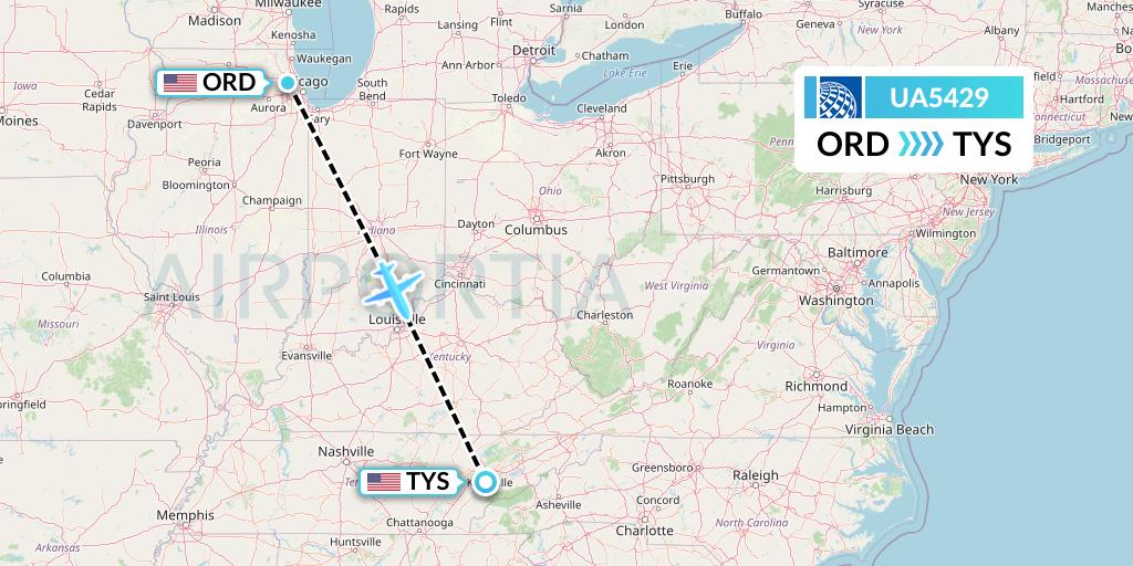 UA5429 United Airlines Flight Map: Chicago to Knoxville