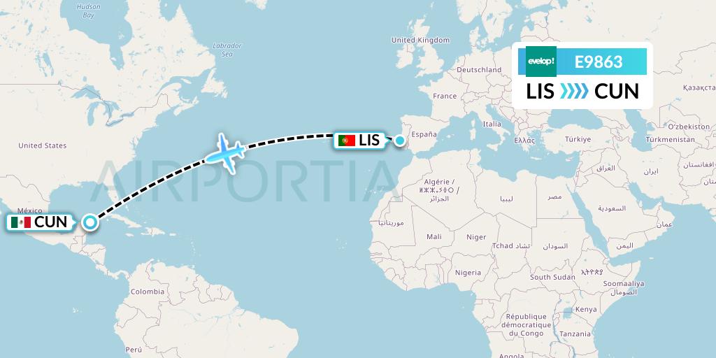 E9863 Evelop Airlines Flight Map: Lisbon to Cancun
