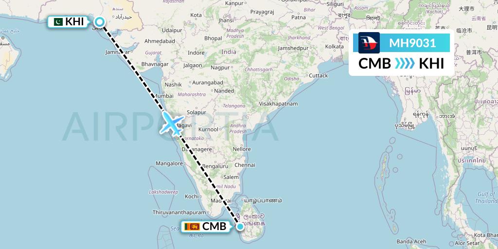 MH9031 Malaysia Airlines Flight Map: Colombo to Karachi