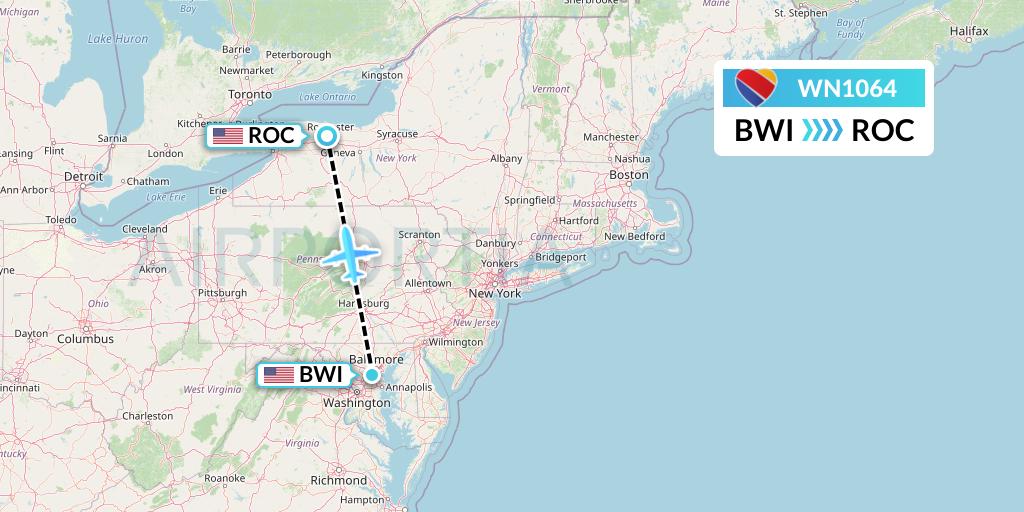 WN1064 Southwest Airlines Flight Map: Baltimore to Rochester