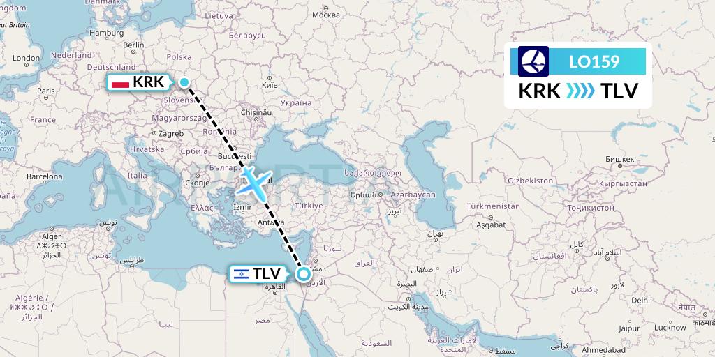 LO159 LOT Flight Map: Krakow to Tel Aviv