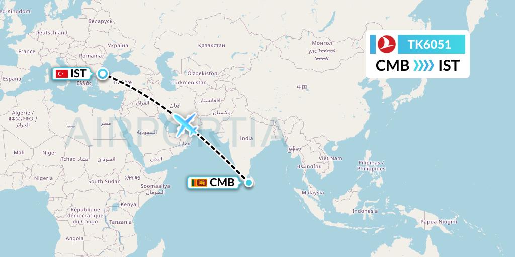 TK6051 Turkish Airlines Flight Map: Colombo to Istanbul