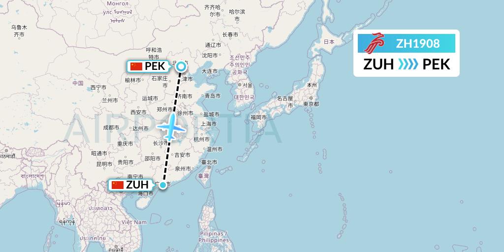 ZH1908 Shenzhen Airlines Flight Map: Zhuhai to Beijing