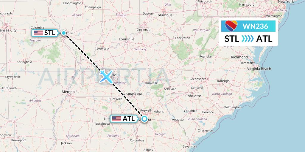 WN236 Southwest Airlines Flight Map: St. Louis to Atlanta