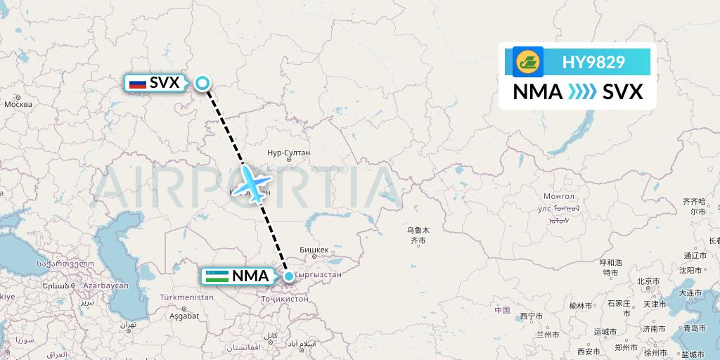 HY9829 Uzbekistan Airways Flight Map: Namangan to Yekaterinburg
