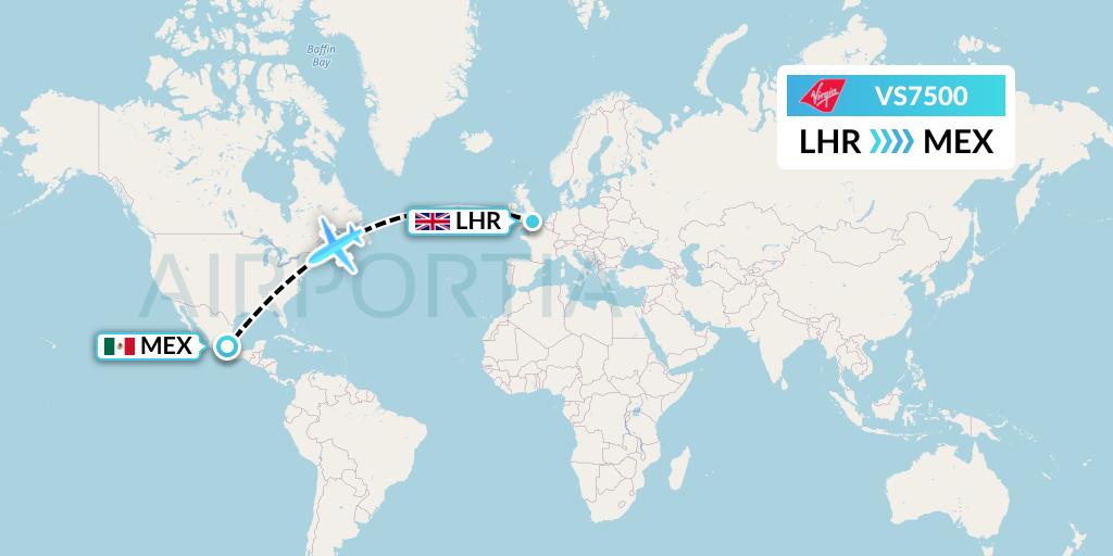 VS7500 Virgin Atlantic Airways Flight Map: London to Mexico City