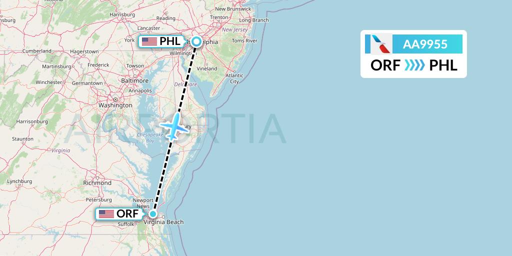 AA9955 American Airlines Flight Map: Norfolk to Philadelphia