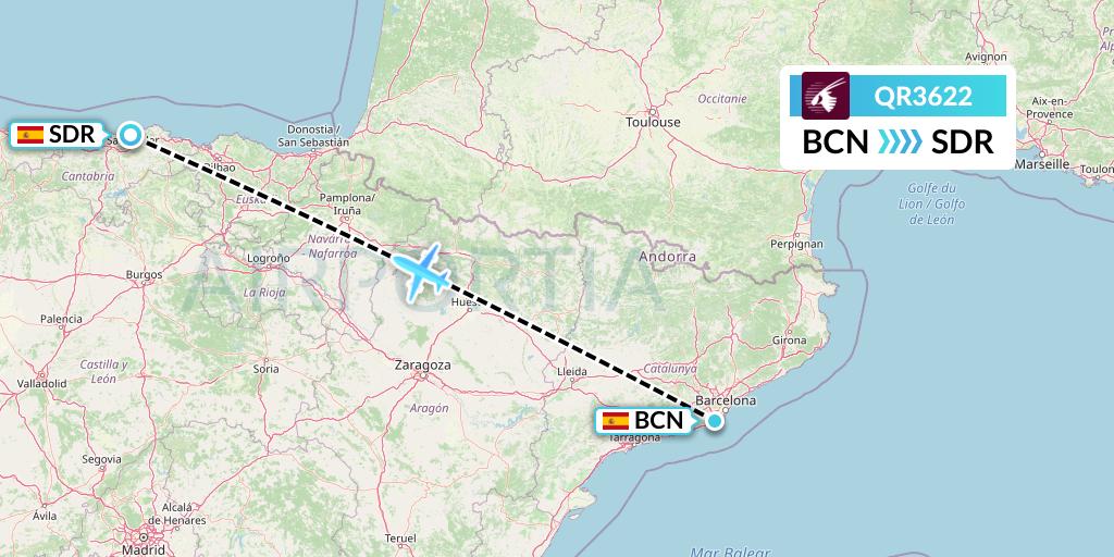 QR3622 Qatar Airways Flight Map: Barcelona to Santander