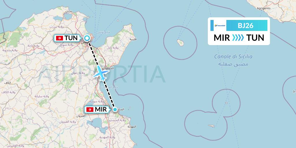 BJ26 Nouvelair Tunisie Flight Map: Monastir to Tunis