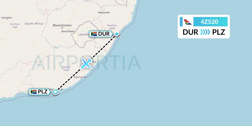 4Z520 Airlink Flight Map: Durban to Port Elizabeth