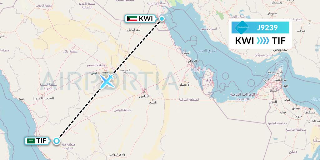 J9239 Jazeera Airways Flight Map: Kuwait City to Taif