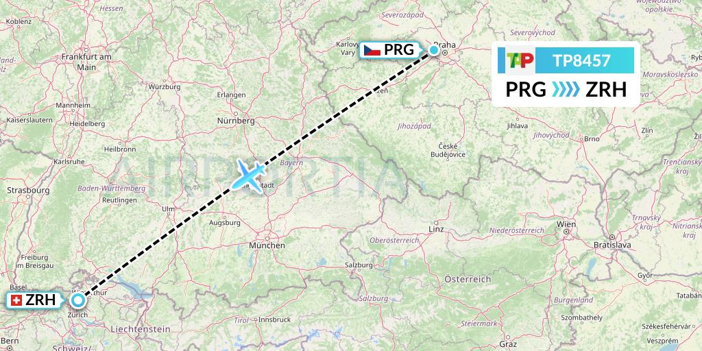 TP8457 TAP Portugal Flight Map: Prague to Zurich