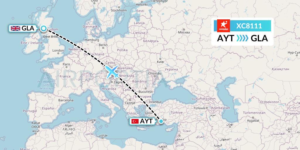 XC8111 Corendon Airlines Flight Map: Antalya to Glasgow
