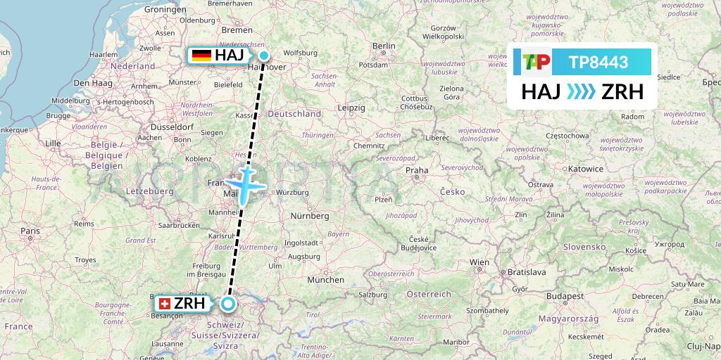 TP8443 TAP Portugal Flight Map: Hannover to Zurich