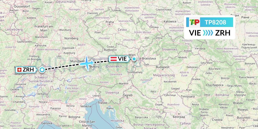 TP8208 TAP Portugal Flight Map: Vienna to Zurich