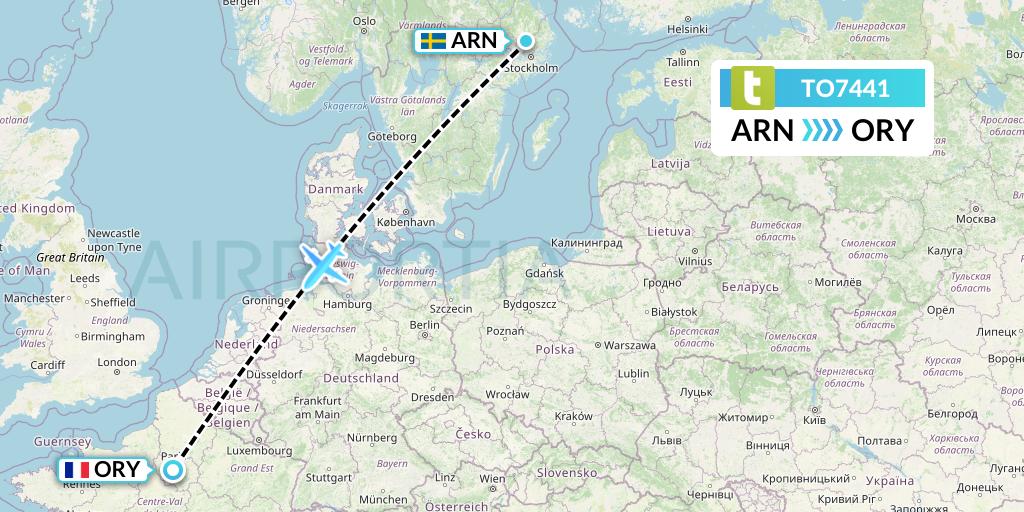 TO7441 Transavia France Flight Map: Stockholm to Paris