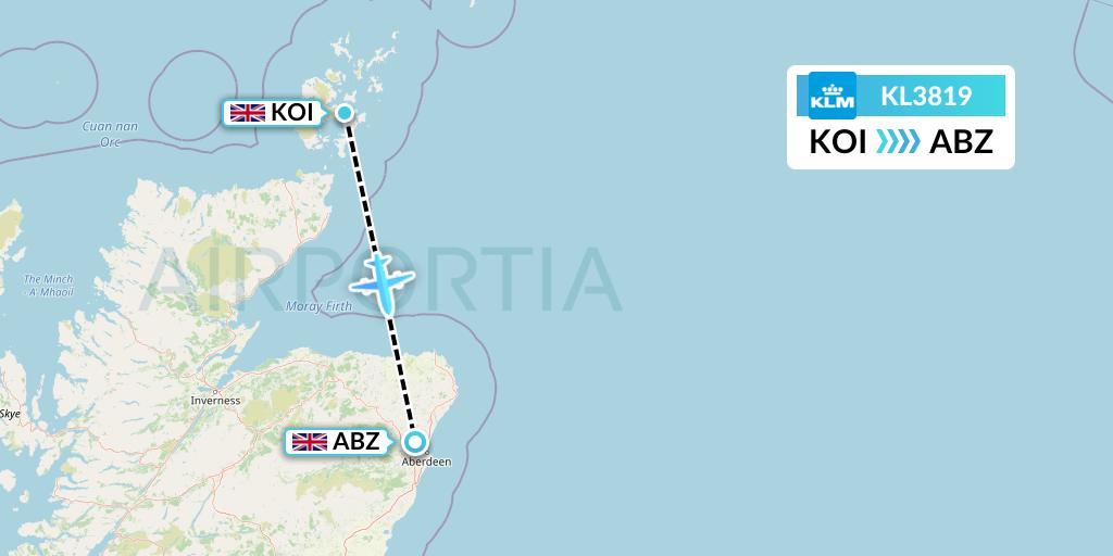 KL3819 KLM Flight Map: Kirkwall to Aberdeen