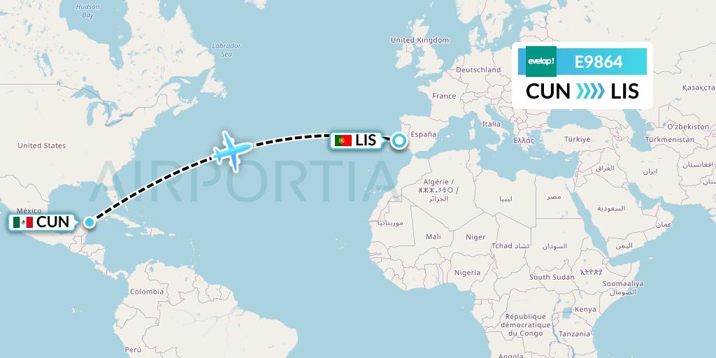 E9864 Evelop Airlines Flight Map: Cancun to Lisbon