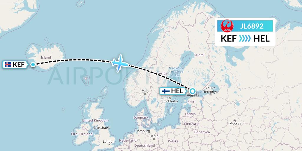 JL6892 Japan Airlines Flight Map: Reykjavik to Helsinki