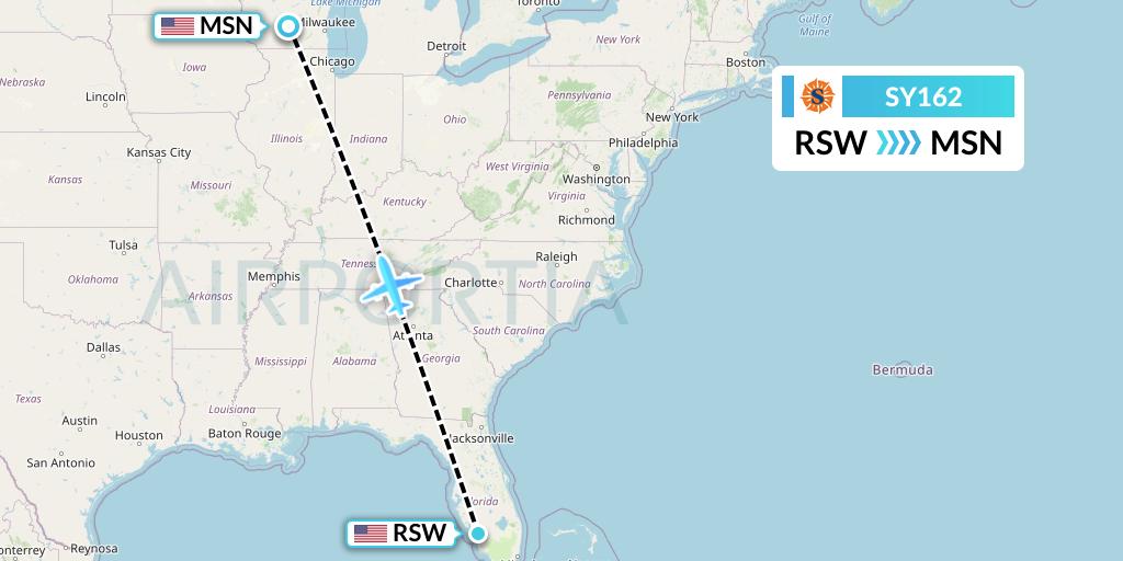 SY162 Sun Country Airlines Flight Map: Fort Myers to Madison