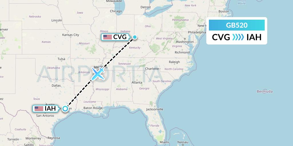 GB520 ABX Air Flight Map: Cincinnati to Houston