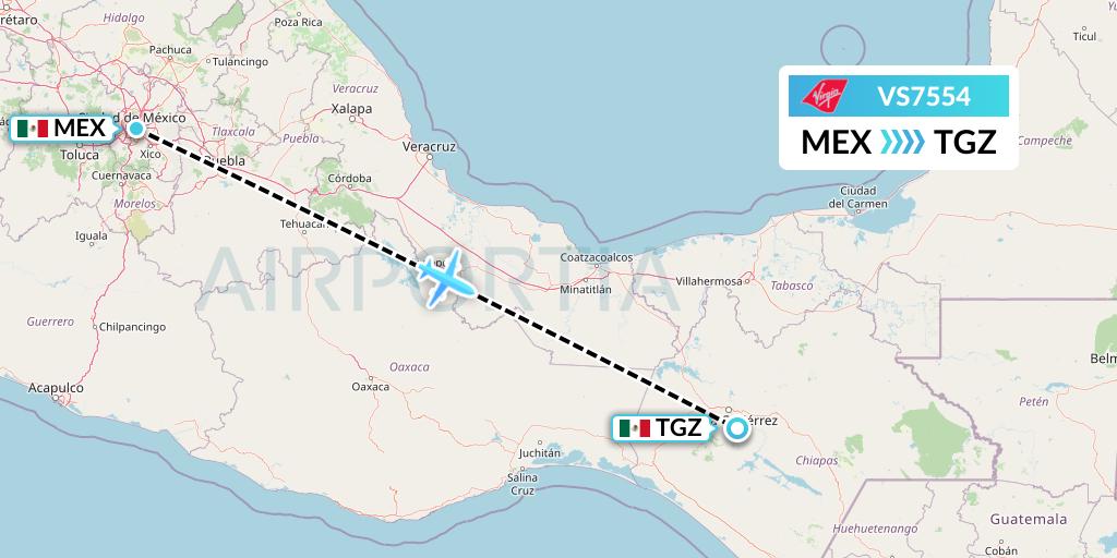 VS7554 Virgin Atlantic Airways Flight Map: Mexico City to Tuxtla Gutierrez